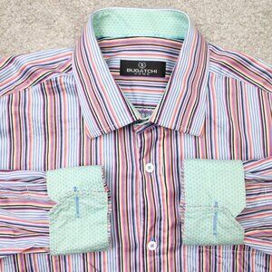 Bugatchi Uomo Shirt Mens XL Pink/Purple/Green Flip Cuff 100% Cotton Long Sleeve